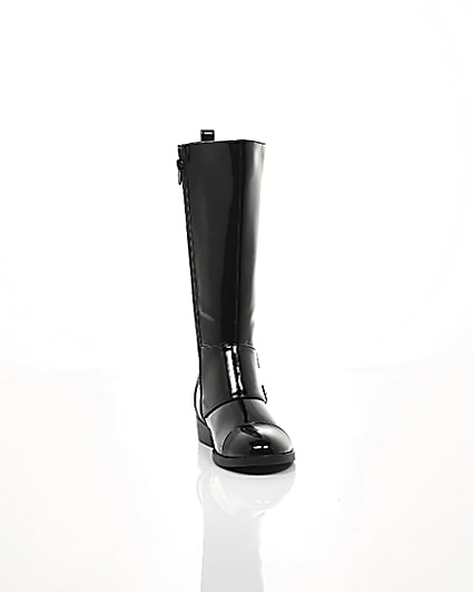 360 degree animation of product Girls black buckle patent knee high boots frame-5