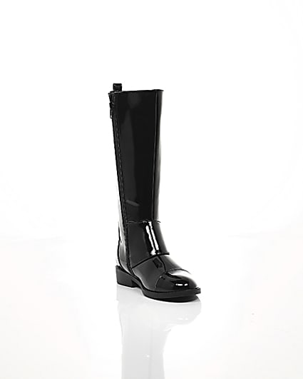 360 degree animation of product Girls black buckle patent knee high boots frame-6
