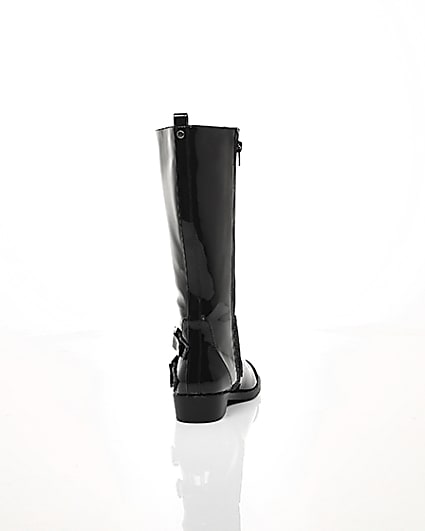 360 degree animation of product Girls black buckle patent knee high boots frame-15