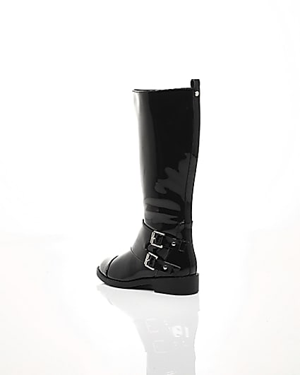 360 degree animation of product Girls black buckle patent knee high boots frame-19