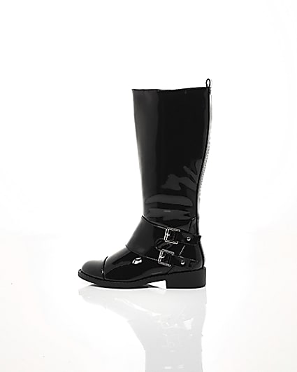 360 degree animation of product Girls black buckle patent knee high boots frame-21