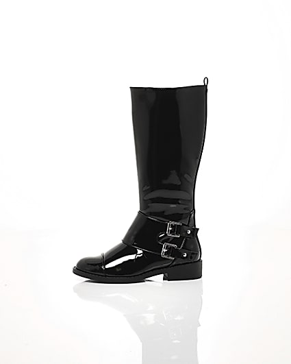 360 degree animation of product Girls black buckle patent knee high boots frame-22