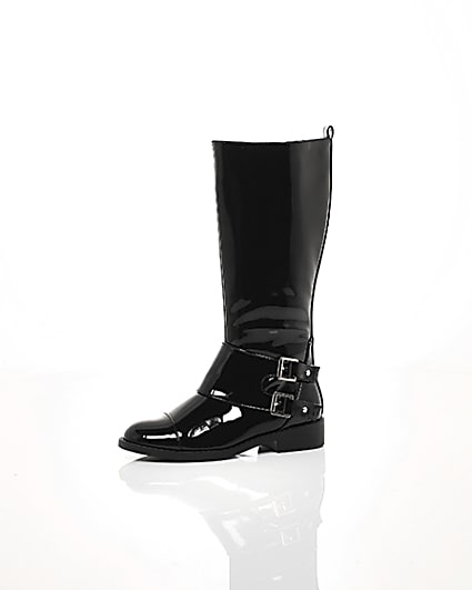 360 degree animation of product Girls black buckle patent knee high boots frame-23