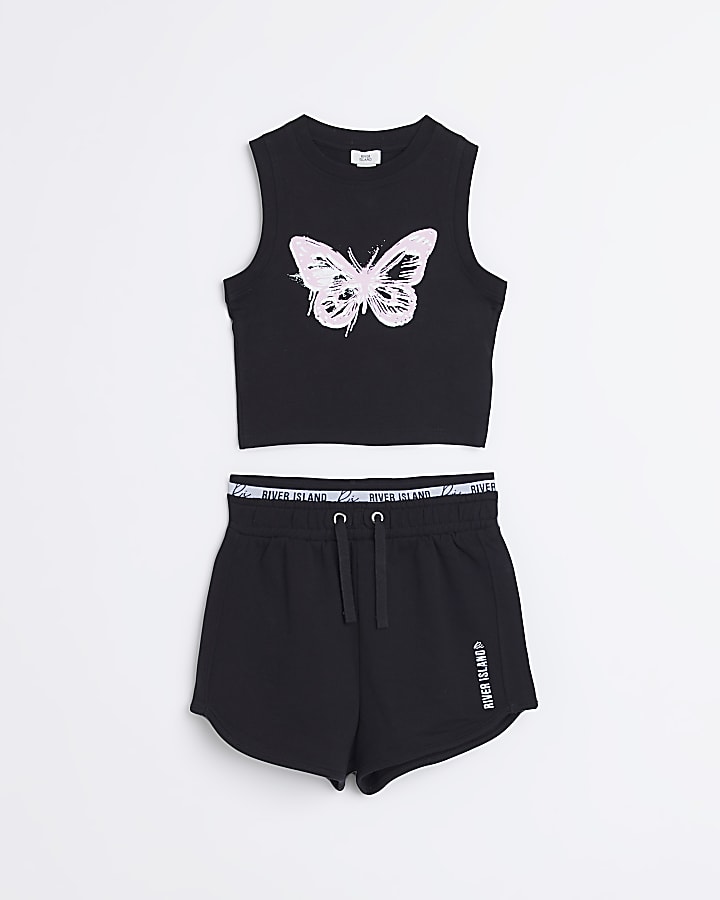 Girls Black Butterfly Graphic Shorts Set