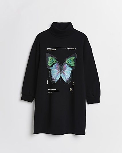 Girls black butterfly graphic sweater dress