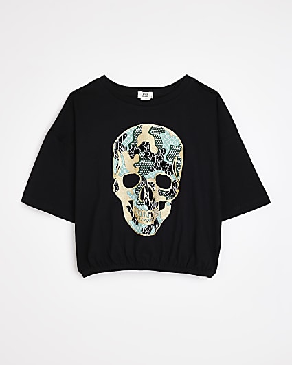 Girls black camo skull print t-shirt
