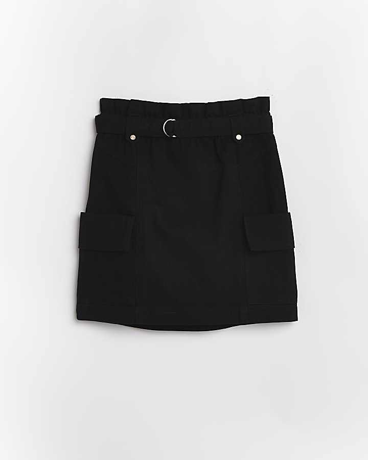 Girls black cargo belted skirt