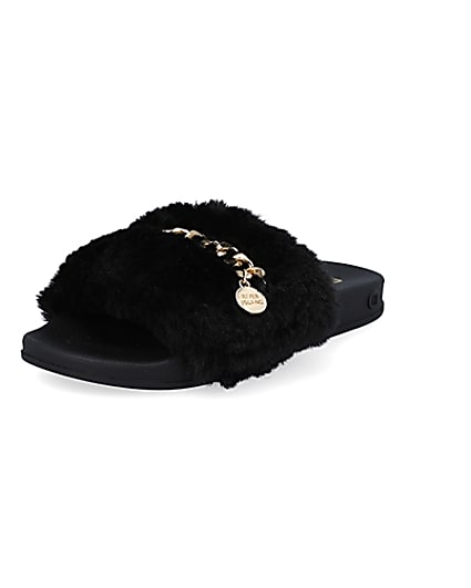 360 degree animation of product Girls black chain faux fur sliders frame-0