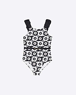 Girls black check floral swimsuit