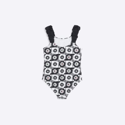 Girls black check floral swimsuit