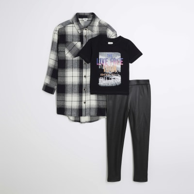 River Island Girls Black Check Shirt Pu Legging Set