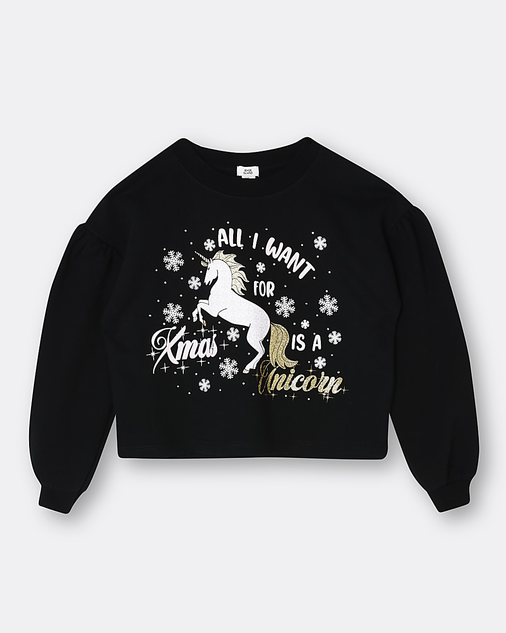 Black jumper with a unicorn and snowflakes on centre and the words 'all I want for xmas is a unicorn'