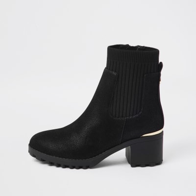 Girls black chunky heeled ankle boots | River Island