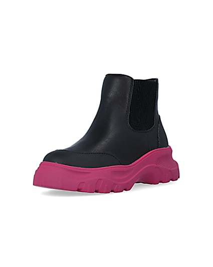 360 degree animation of product Girls Black Chunky Pink Sole Ankle Boots frame-0