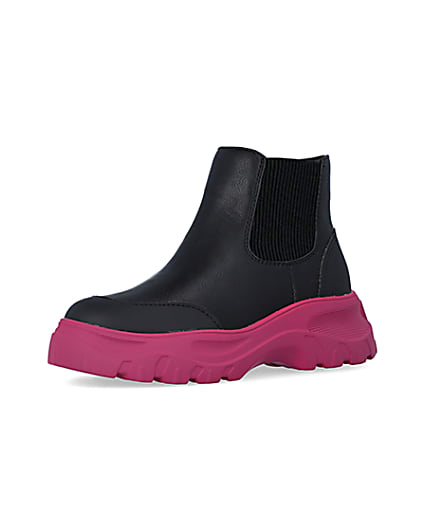360 degree animation of product Girls Black Chunky Pink Sole Ankle Boots frame-1
