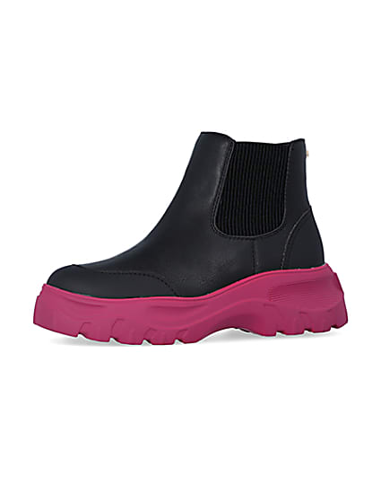 360 degree animation of product Girls Black Chunky Pink Sole Ankle Boots frame-2