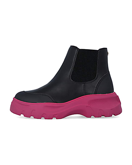 360 degree animation of product Girls Black Chunky Pink Sole Ankle Boots frame-3