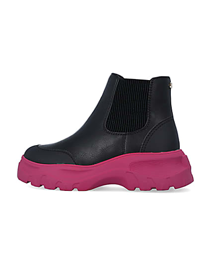 360 degree animation of product Girls Black Chunky Pink Sole Ankle Boots frame-4