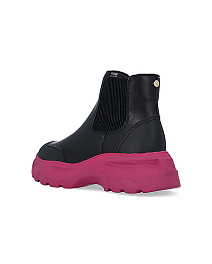 360 degree animation of product Girls Black Chunky Pink Sole Ankle Boots frame-6