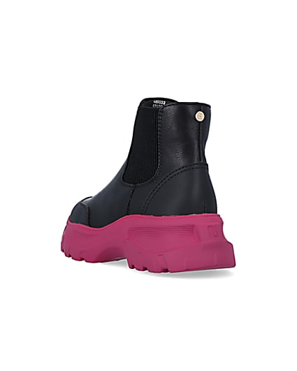 360 degree animation of product Girls Black Chunky Pink Sole Ankle Boots frame-7