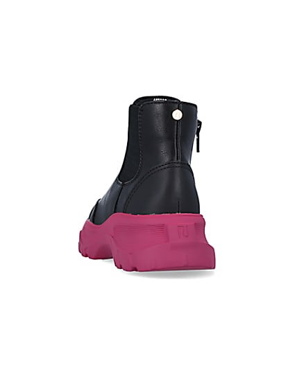 360 degree animation of product Girls Black Chunky Pink Sole Ankle Boots frame-8