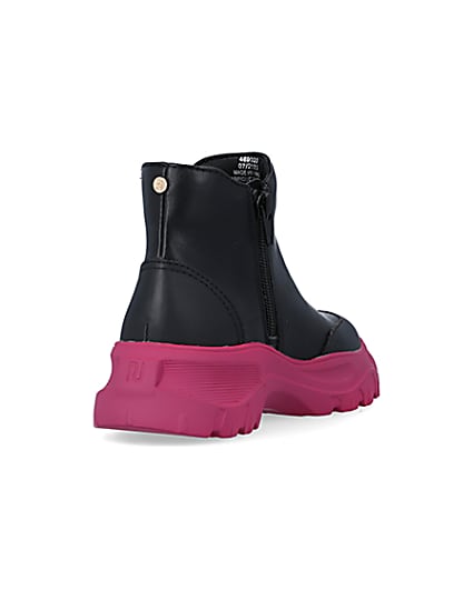360 degree animation of product Girls Black Chunky Pink Sole Ankle Boots frame-11