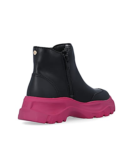 360 degree animation of product Girls Black Chunky Pink Sole Ankle Boots frame-12