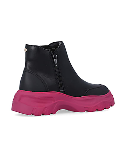 360 degree animation of product Girls Black Chunky Pink Sole Ankle Boots frame-13