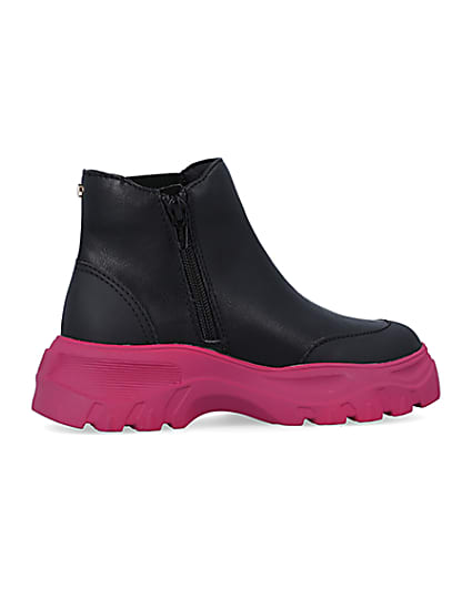 360 degree animation of product Girls Black Chunky Pink Sole Ankle Boots frame-14