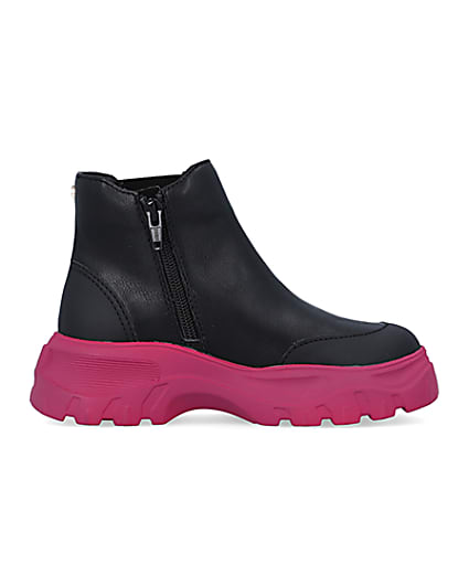 360 degree animation of product Girls Black Chunky Pink Sole Ankle Boots frame-15