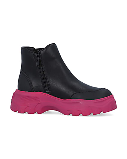 360 degree animation of product Girls Black Chunky Pink Sole Ankle Boots frame-16