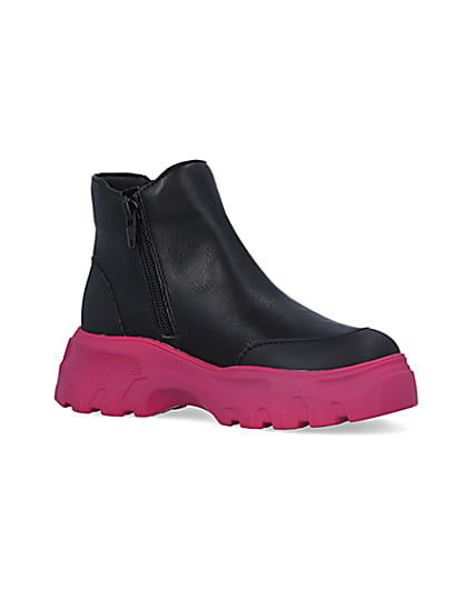 360 degree animation of product Girls Black Chunky Pink Sole Ankle Boots frame-17