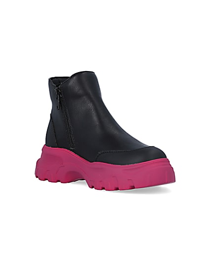 360 degree animation of product Girls Black Chunky Pink Sole Ankle Boots frame-18