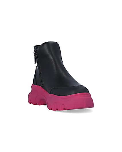 360 degree animation of product Girls Black Chunky Pink Sole Ankle Boots frame-19