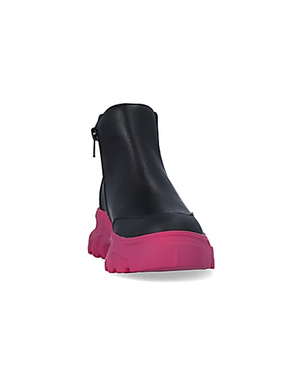 360 degree animation of product Girls Black Chunky Pink Sole Ankle Boots frame-20