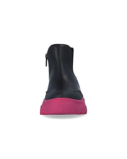 360 degree animation of product Girls Black Chunky Pink Sole Ankle Boots frame-21