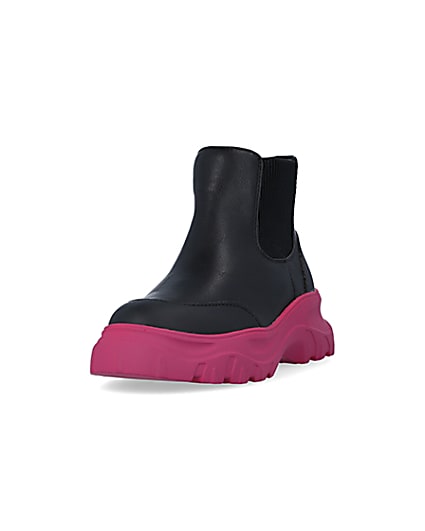 360 degree animation of product Girls Black Chunky Pink Sole Ankle Boots frame-23