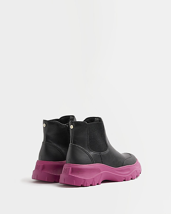 Girls Black Chunky Pink Sole Ankle Boots