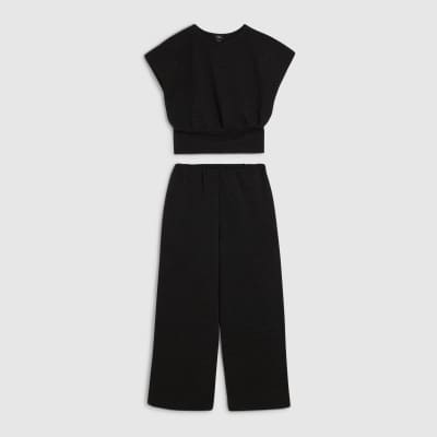 Girls Black Cinched Top And Trousers Set