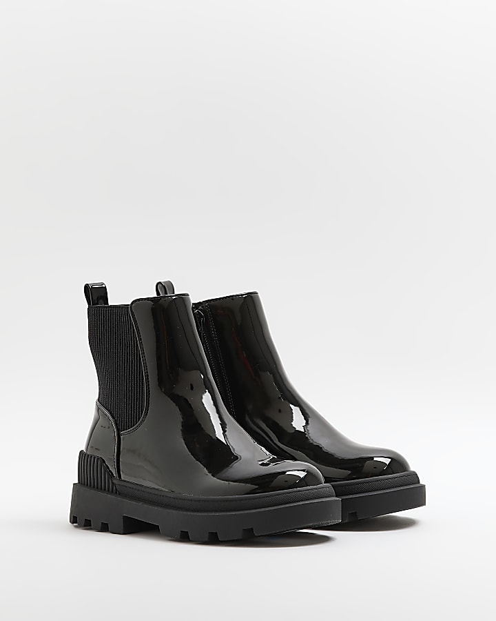 Girls Black Cleated patent Chelsea Boots