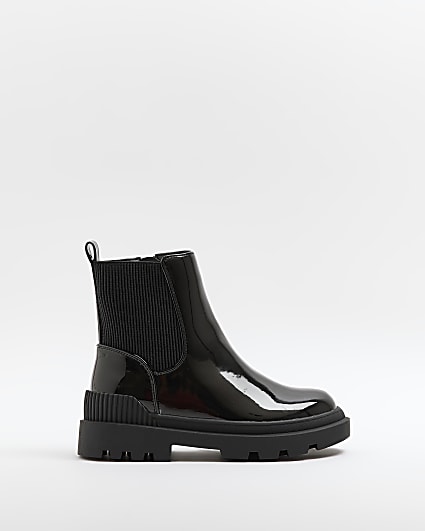 Girls Black Cleated patent Chelsea Boots