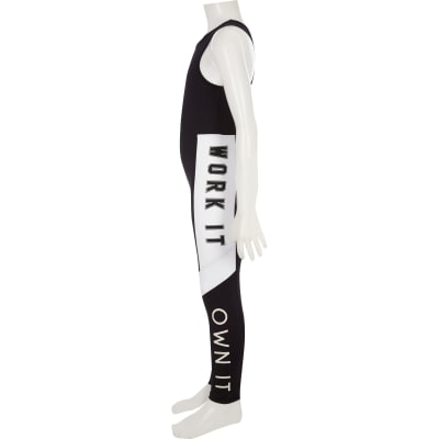 Girls black color block ‘work it’ unitard