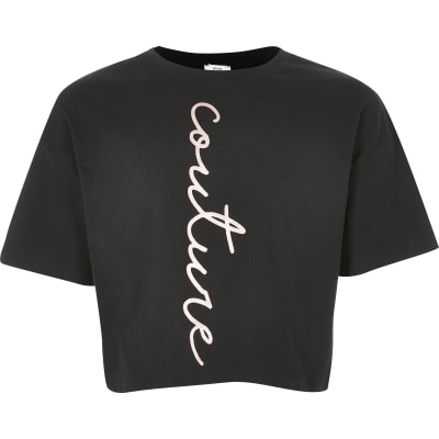 Girls black 'Couture' cropped T-shirt | River Island