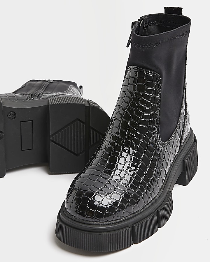 Girls Black croc Chunky Chelsea boots