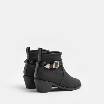 Girls Black Croc Embossed Buckle Heeled Boots