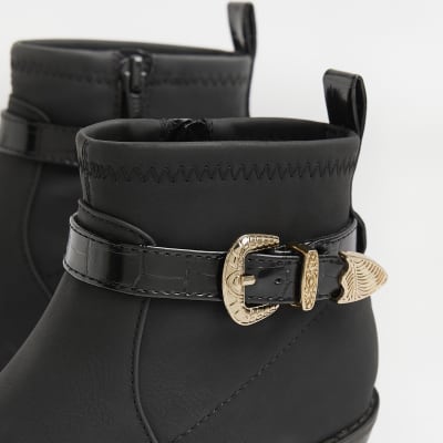Girls Black Croc Embossed Buckle Heeled Boots
