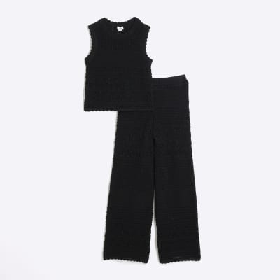 River Island Girls Black Crochet Tank Top And Trousers Set