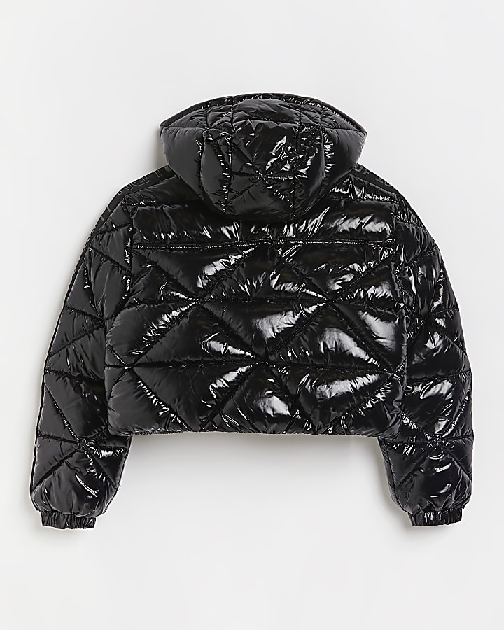 Girls black cropped quilted puffer jacket