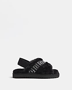 Girls Black Crossover Faux Fur Slippers