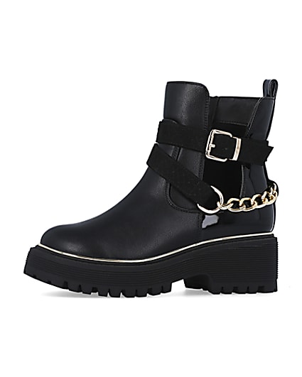 360 degree animation of product Girls Black Cut Out Chain patent Boots frame-2